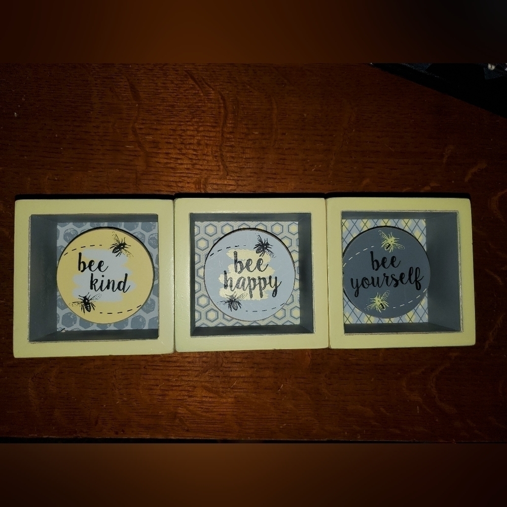 Three Girls and A Wish Wood Blocks That Say, Bee Kind, Be Happy, Be Yourself.